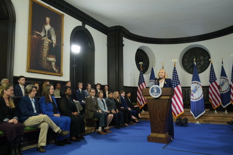 Virginia Gov. Abigail Spanberger delivers the Democratic response to President Donald Trump's State of the Union address Tuesday, Feb. 24, 2026, in Williamsburg, Va. (AP Photo/Steve Helber, Pool)