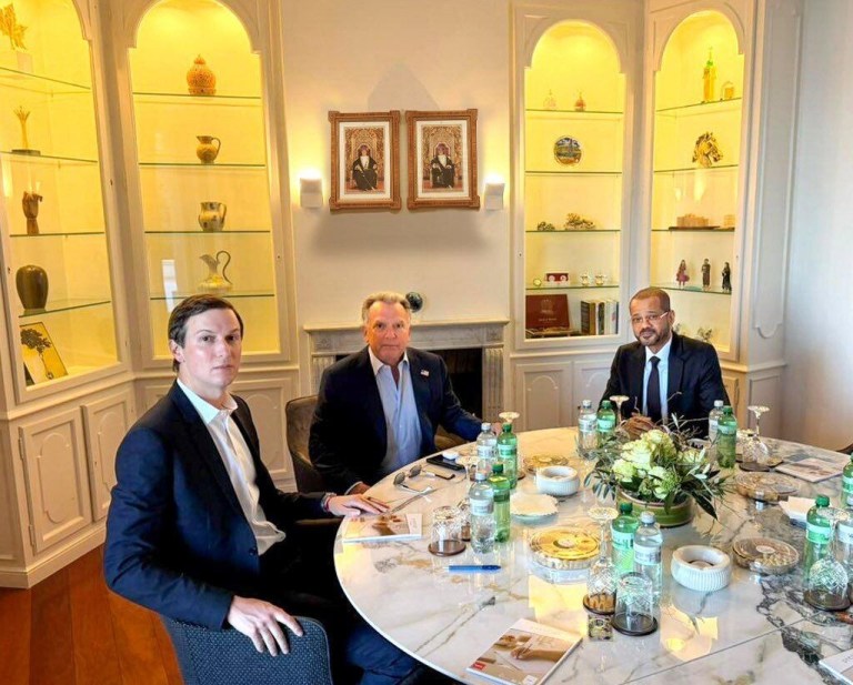 Steve Witkoff and Jared Kushner sit at a table in Geneva with Sayyid Badr bin Hamad Al Busaidi