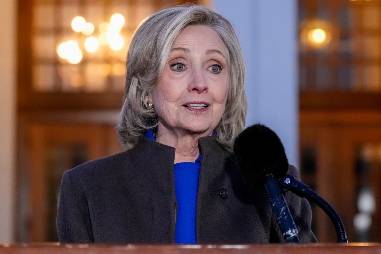 Former Secretary of State Hillary Clinton speaks outside the Chappaqua Performing Arts Center, after testifying before U.S. House lawmakers as part of a congressional investigation into convicted sex offender Jeffrey Epstein, Thursday, Feb. 26, 2026, in Chappaqua, N.Y. (AP Photo/Yuki Iwamura)
