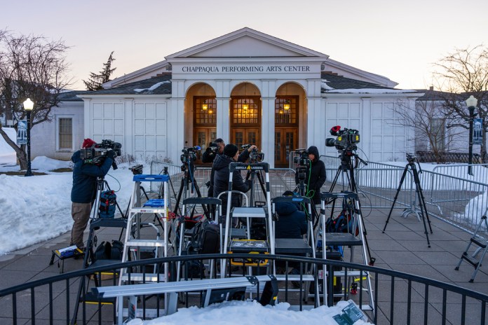 Members of the media outside the Chappaqua Performing Arts Center.