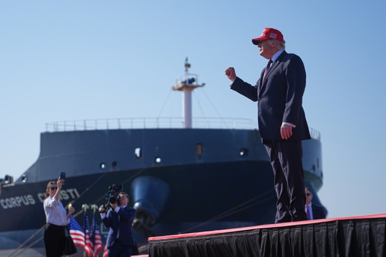 President Donald Trump arrives to speak at Port of Corpus Christi, Texas.