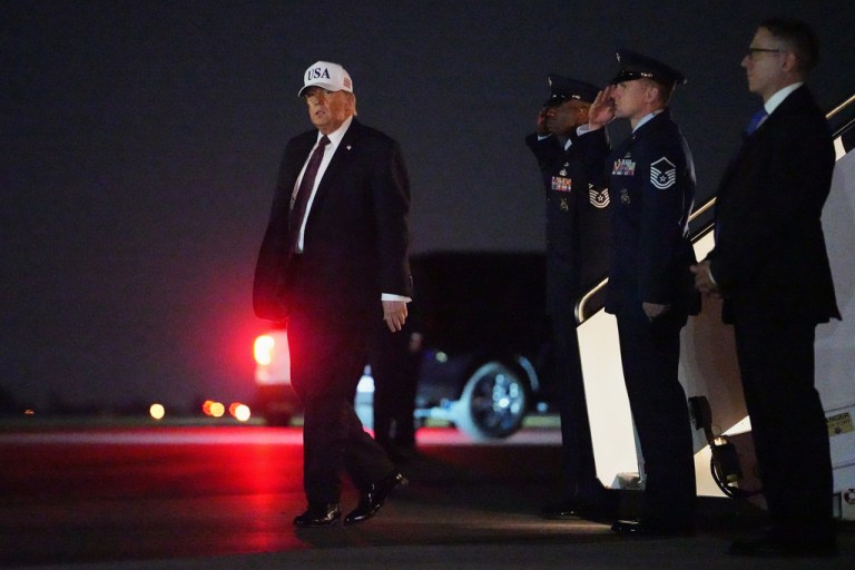 President Donald Trump disembarks Air Force One at Palm Beach International Airport in West Palm Beach, Fla., Friday, Feb. 27, 2026.