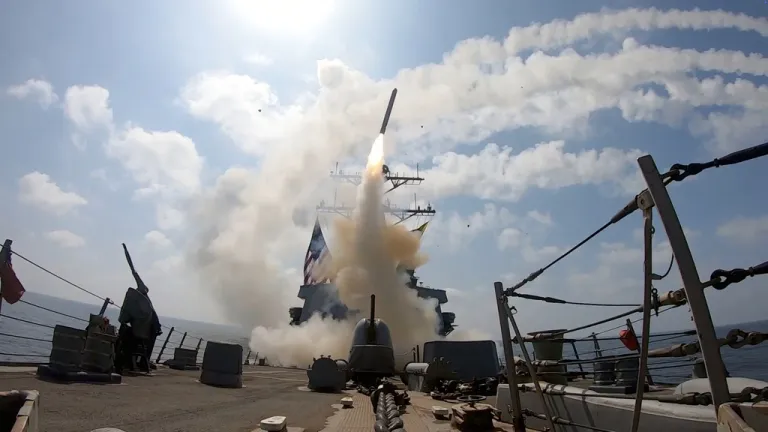 This image from video provided by U.S. Central Command shows a missile being launched from a U.S. Navy ship in support of Operation Epic Fury on Saturday, Feb. 28, 2026.