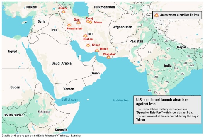 Map of Middle East showing areas where airstrikes hit Iran