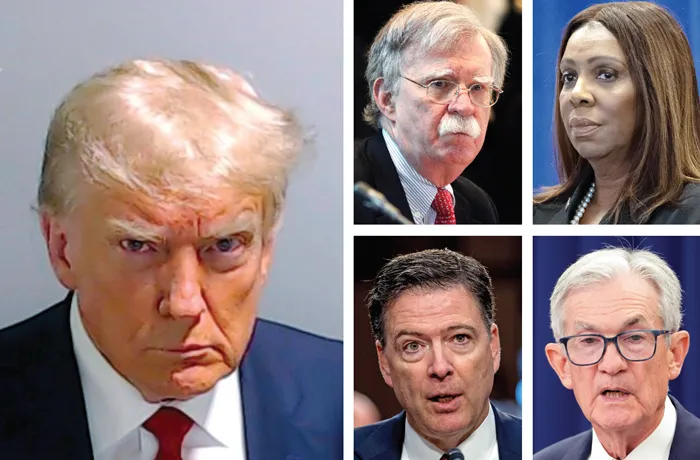 Lawfare victim Donald Trump, left, in his Aug. 24, 2023, mug shot from Fulton County, Georgia; Trump’s own lawfare targets (clockwise from top left) former U.S. National Security adviser John Bolton; New York Attorney General Letitia James; Federal Reserve Chair Jerome Powell; and former FBI director James Comey. (Trump, Fulton County Sheriff’s Office/AP; Bolton, Martin Mejia/AP; James, Yuki Iwamura/AP; Powell, Jacquelyn Martin/AP; Comey, Andrew Harnik/AP)