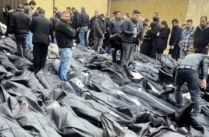 A frame from a video circulating online after protests in Iran shows protesters’ bodies at a morgue in Tehran, Jan. 12, 2026. (Akasbashi/SIPA/Newscom)