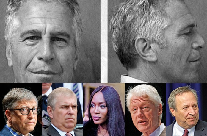 Top: Jeffrey Epstein’s Florida mug shot. From left to right: Bill Gates, then-Prince Andrew, Naomi Campbell, Bill Clinton, and Lawrence Summers. (Clinton, Steve Helber/ AP; Campbell, Carolyn Kaster/ AP; Prince Andrew, Clive Brunskill / Getty; Gates and Summers, Ted S. Warren / AP)