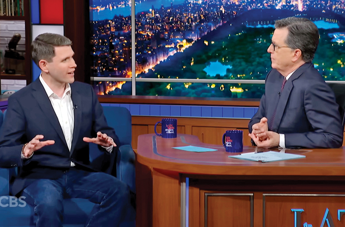 Democratic Texas state Rep. James Talarico, left, with CBS late night host Stephen Colbert in an interview relegated by network executives to YouTube only, Feb. 17, 2026. (CBS via YouTube)