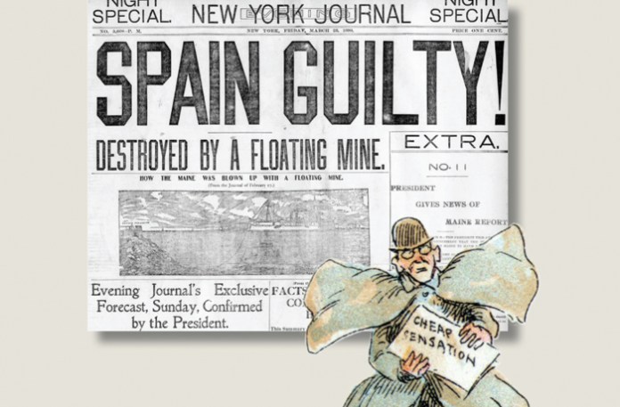 The front page of the New York Journal after the sinking of the USS Maine in Havana, March 25, 1898; inset, illustrations mocking popular newspapers around 1900.