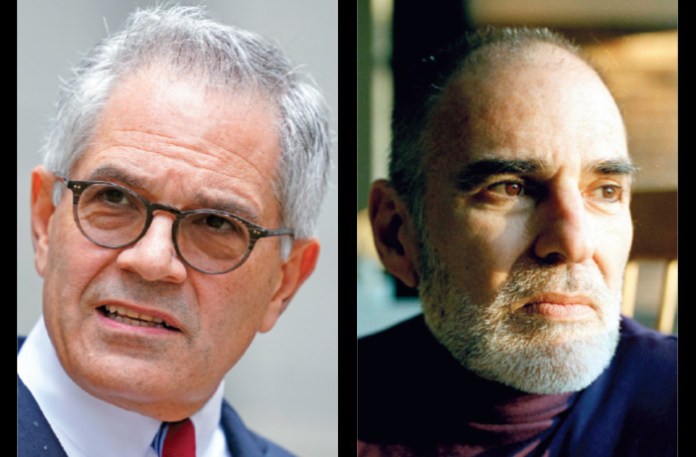 At left, Philadelphia District Attorney Larry Krasner in Philadelphia, Oct. 13, 2022; at right, activist Larry Kramer in New York City, Nov. 29, 1989. (Left, Matt Rourke / AP; Right, AP)