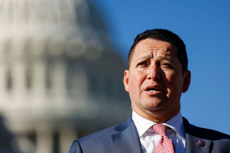 U.S. Rep. Tony Gonzales (R-TX) speaks alongside U.S. Rep. Marjorie Taylor Greene (R-GA) at a news conference on border security outside of the U.S. Capitol Building on November 14, 2023 in Washington, DC. The House Republicans spoke to reporters about the tabled impeachment motion for U.S. Homeland Security Secretary Alejandro Mayorkas and the southern border. (Photo by Anna Moneymaker/Getty Images)