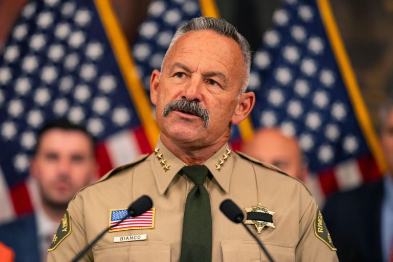Sheriff Chad Bianco of Riverside County speaks during a news conference.