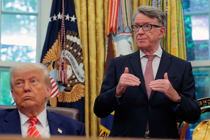President Donald Trump along with Peter Mandelson, British Ambassador to the United States, address reporters in the Oval Office at the White House on May 08, 2025 in Washington, DC. During their remarks they spoke about a trade deal that was made between the United States and the United Kingdom. (Photo by Anna Moneymaker/Getty Images)