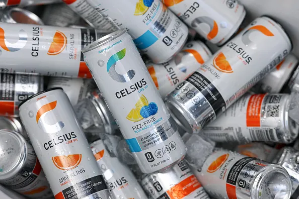 A detail view of cans of Celsius, a sparkling energy drink, on ice before a game between the Maryland Terrapins and the Nebraska Cornhuskers at SECU Stadium on October 11, 2025 in College Park, Maryland.
