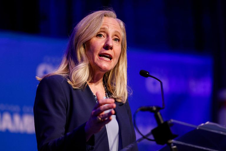 Virginia Gov.-elect Abigail Spanberger speaks during the Hampton Roads Chamber annual meeting at the Virginia Beach Convention Center in Virginia Beach, Virginia, on Wednesday, Dec. 10, 2025. (Photo by Peter Casey/The Virginian-Pilot/Tribune News Service via Getty Images)
