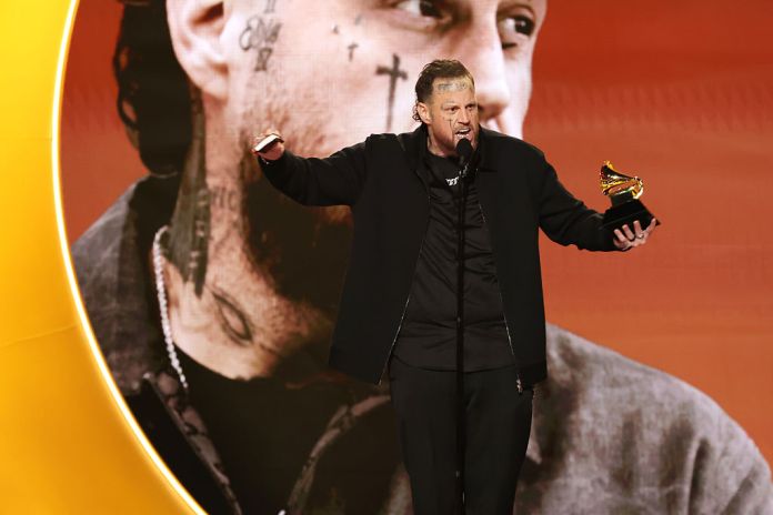 Jelly Roll accepts the Best Contemporary Country Album award for "Beautifully Broken" onstage during the 68th GRAMMY Awards at Crypto.com Arena on February 01, 2026 in Los Angeles, California.  (Photo by Kevin Winter/Getty Images for The Recording Academy)