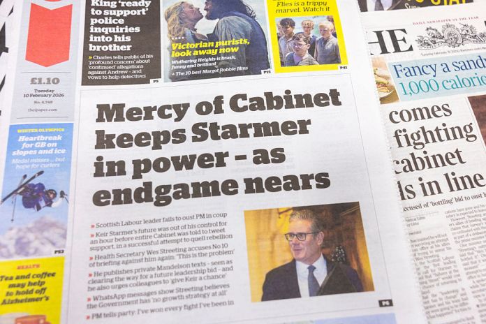 In this photo illustration, Sir Keir Starmer is seen on the cover of UK newspaper on February 10, 2026 in London, England. Buckingham Palace has said it will support police in the investigation into Andrew Mountbatten-Windsor's links to Jeffrey Epstein, as pressure mounts on Prime Minister Keir Starmer to resign over his appointment of Peter Mandelson. (Photo by Simon Ackerman/Getty Images)