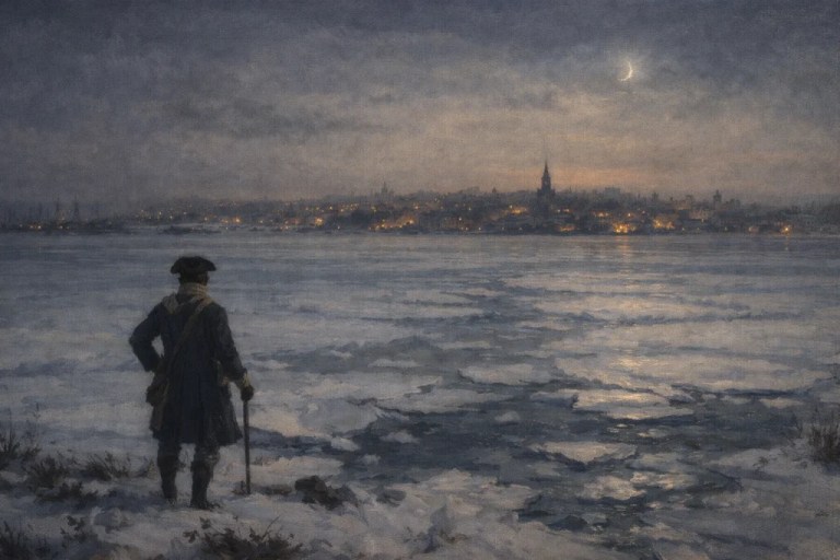 An uncredited painting from the collection of George Washington's Presidential Library at Mount Vernon depicting Washington looking on Boston in the winter of 1776.