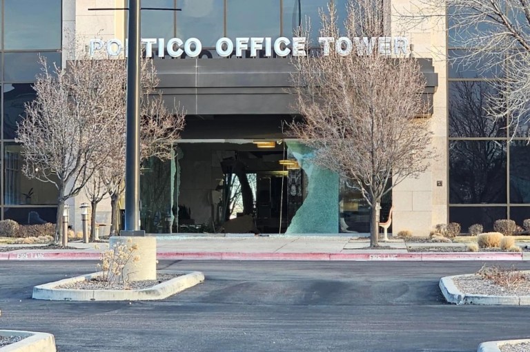 This photo provided by Idaho News 6 shows the aftermath of a stolen ambulance being driven into the Portico North Building Thursday, Feb. 19, 2026, in Meridian, Idaho. (Idaho News 6 via AP)