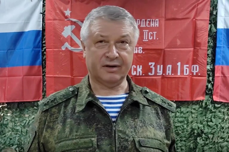 In this image made from video provided by Russian Defense Ministry Press Service, on June 23, 2023, Lt. Gen. Vladimir Alekseyev speaks to servicemen on an undisclosed location. (Russian Defense Ministry Press Service via AP)