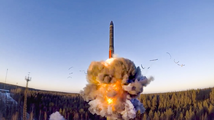 A rocket launches from missile system.