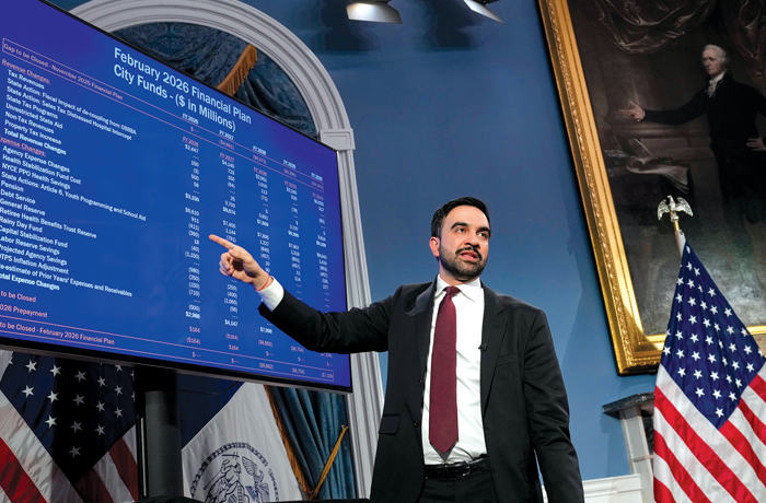 New York Mayor Zohran Mamdani speaks to reporters about the city’s finances during a news conference on Feb. 17. (Seth Wenig/AP)