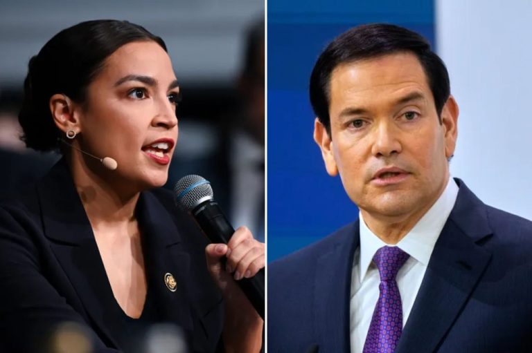 A collage of Rep. Alexandria Ocasio-Cortez (D-NY) and Secretary of State Marco Rubio at the 2026 Munich Security Conference.