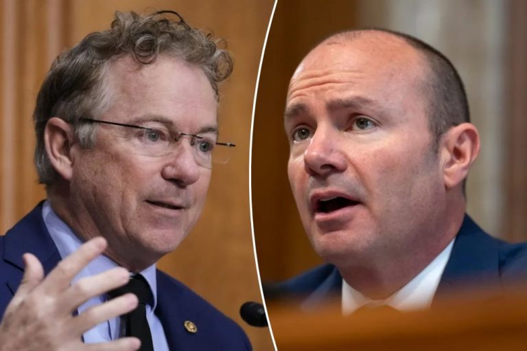 Collage of Sen. Rand Paul, R-Ky., speaks as Secretary of State Marco Rubio appears before the Senate's Foreign Relations Committee, left, and Committee chairman Sen. Mike Lee, R-Utah, right, speaks during a hearing.
