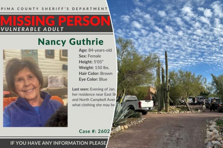 A collage feautring an image of Nancy Guthrie provided by the Pima County Sheriff's Department and the scene outside her home.