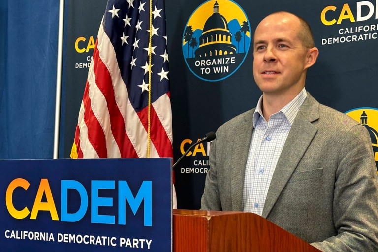 California Democratic Party Chair Rusty Hicks speaks during a news conference, Friday, Nov. 17, 2023, in Sacramento, Calif. The party is holding its endorsement convention, where delegates vote on whether to endorse candidates for the March 2024 primary election.