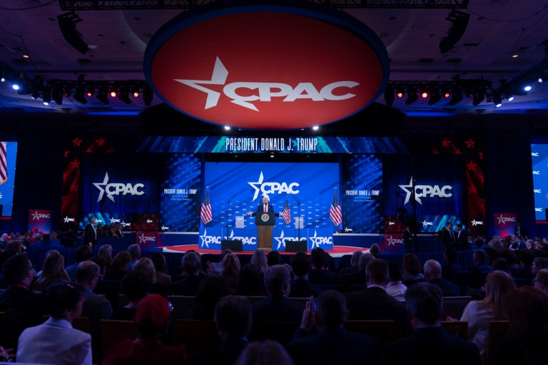 President Donald Trump speaks at the Conservative Political Action Conference, CPAC, at the Gaylord National Resort & Convention Center, Saturday, Feb. 22, 2025, in Oxon Hill, Md.