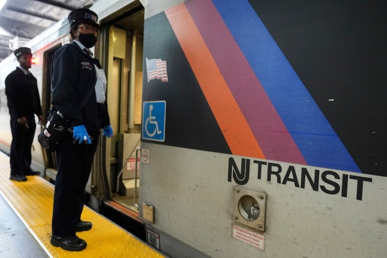 A NJ Transit train prepares to leave Newark Penn Station in Newark, N.J., Tuesday, May 20, 2025. (AP Photo/Seth Wenig)