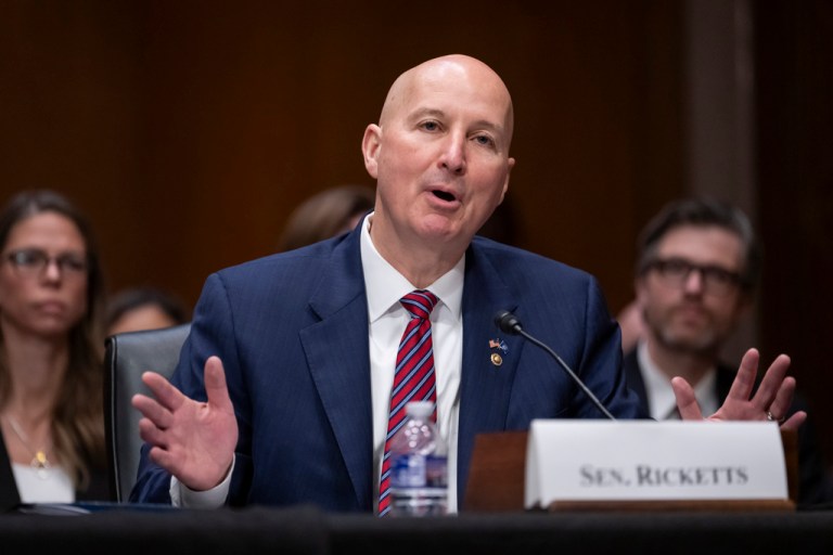 Pete Ricketts introduces Dr. Jay Bhattacharya during his confirmation hearing at Capitol Hill in Washington, March 5, 2025.