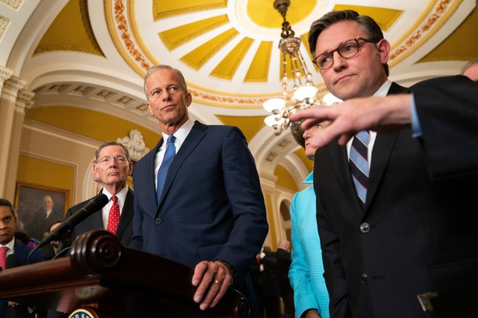 Senate Majority Leader John Thune, R-S.D., and House Speaker Mike Johnson, R-La., attend a news conference following the weekly Senate luncheon on Capitol Hill in Washington, Tuesday, Oct. 7, 2025
