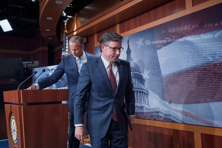 Senate Majority Leader John Thune, R-S.D., left, and Speaker of the House Mike Johnson, R-La., depart after a news conference in Washington, Friday, Oct. 10, 2025