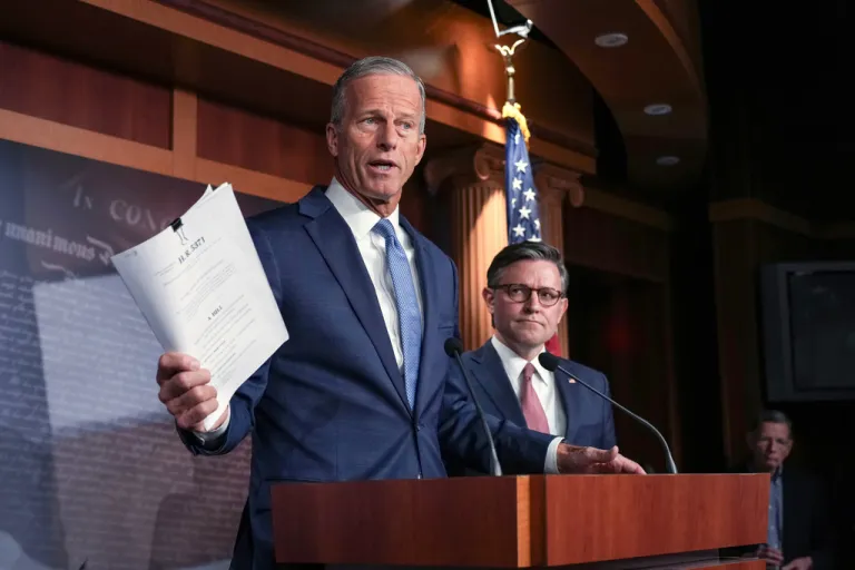 Senate Majority Leader John Thune, R-S.D., left, and Speaker of the House Mike Johnson, R-La., speak at a news conference as the government shutdown begins its tenth day, in Washington, Friday, Oct. 10, 2025.