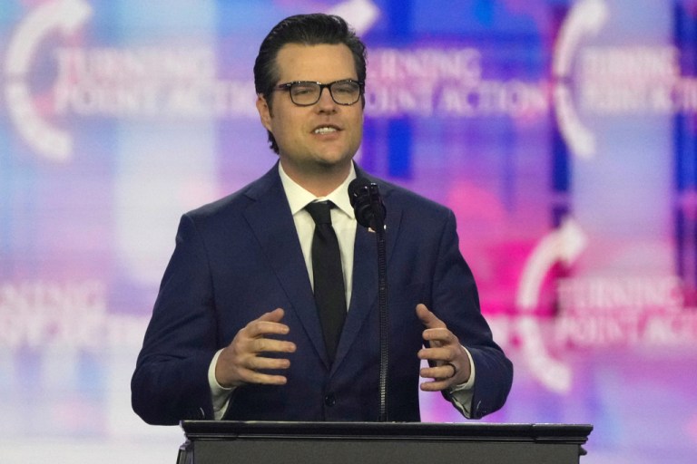Former Rep. Matt Gaetz, R- Fla. speaks at AmericaFest, Dec. 22, 2024, in Phoenix. (AP Photo/Rick Scuteri, File)