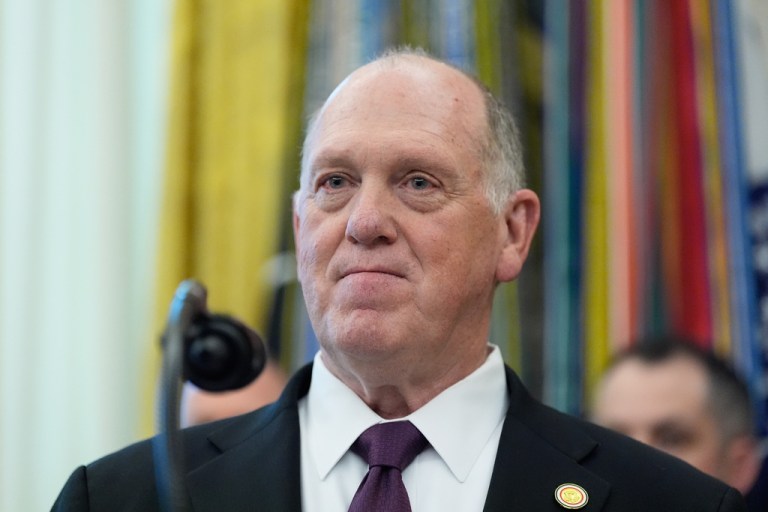 Border Czar Tom Homan speaks during a Mexican Border Defense Medal presentation in the Oval Office of the White House, Monday, Dec. 15, 2025, in Washington. (AP Photo/Alex Brandon)