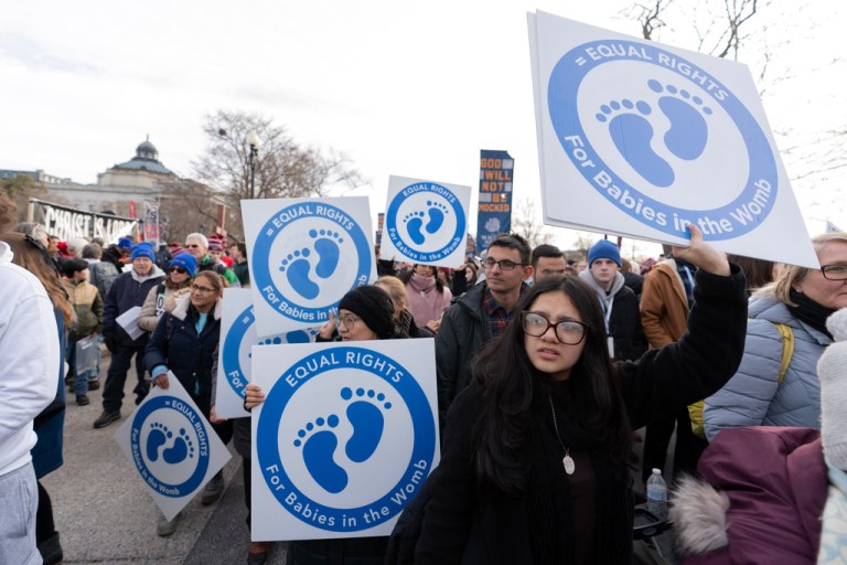 Anti-abortion activists rally outside of the U.S. Supreme Court during the March for Life in Washington, Friday, Jan. 23, 2026.
