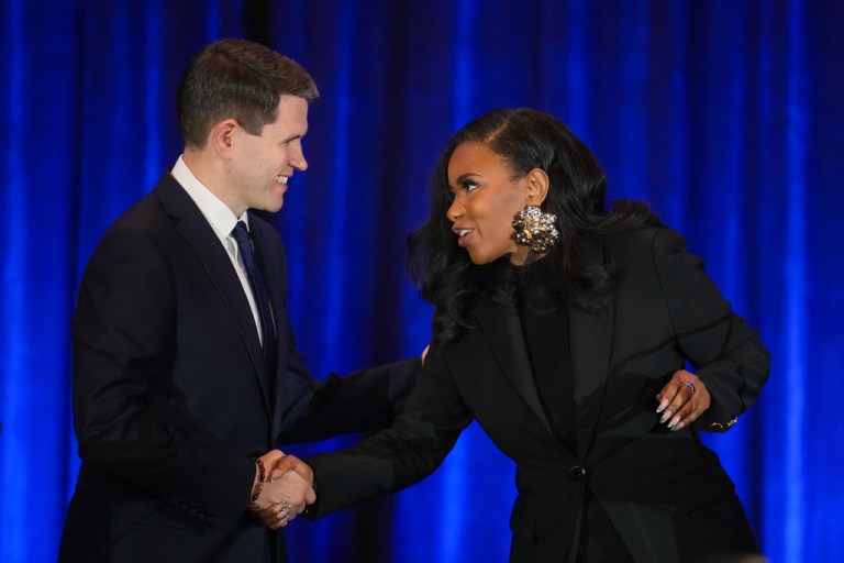 Texas state Rep. James Talarico, D-Austin, left, shakes hands with Rep. Jasmine Crockett, D-Texas, prior a debate during the Texas AFL-CIO Committee on Political Education Convention, Saturday, Jan. 24, 2026, in Georgetown, Texas.
