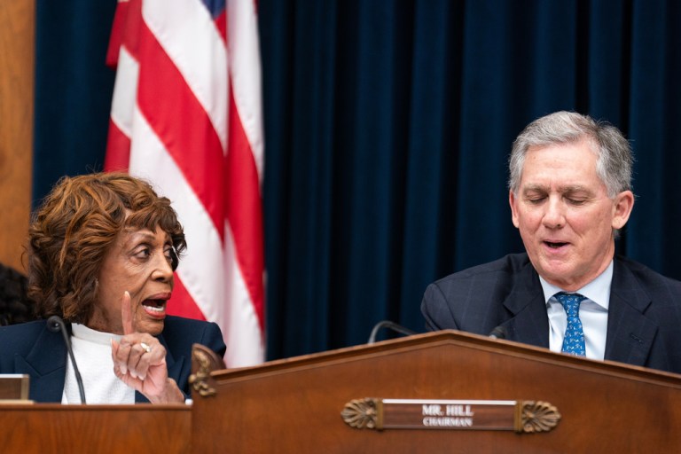 House Financial Services Committee Ranking Member Maxine Waters D-Calif., speaks with Chair French Hill R-Ark., during hearing featuring Secretary of the Treasury Scott Bessent on Capitol Hill in Washington, Wednesday, Feb. 4, 2026.