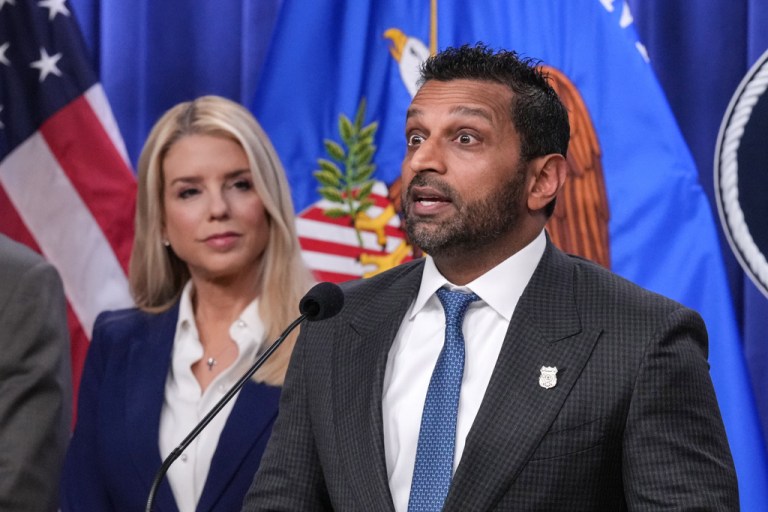 FBI Director Kash Patel, joined at left by Attorney General Pam Bondi speak during a February 2026 news conference.