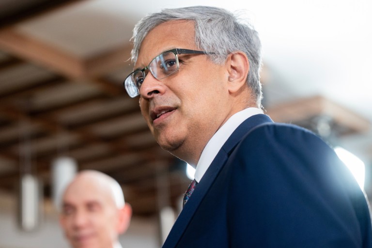 National Institutes of Health Director Dr. Jay Bhattacharya attends an event with first lady Melania Trump at The Children's Inn in Bethesda, Md., Wednesday, Feb. 11, 2026.