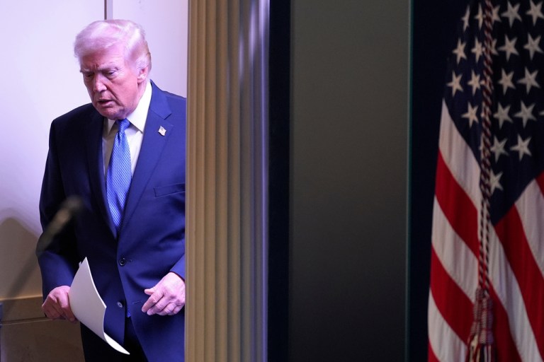 President Donald Trump walks into the James Brady Press Briefing Room at the White House to speak to members of the media, Friday, Feb. 20, 2026, in Washington. (AP Photo/Alex Brandon)