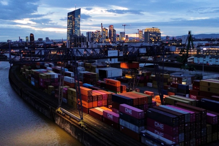 Containers are stored at a cargo terminal in Frankfurt, Germany, Monday, Feb. 23, 2026. (AP Photo/Michael Probst)