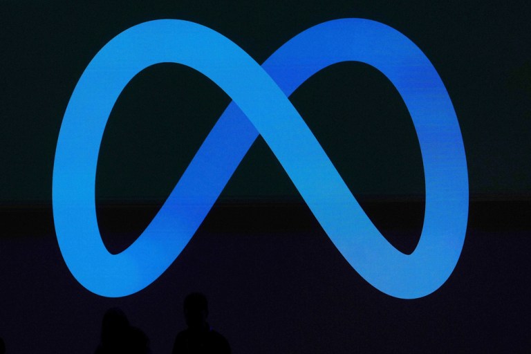 A Meta logo is shown on a video screen at LlamaCon 2025, an AI developer conference, in Menlo Park, Calif., April 29, 2025.