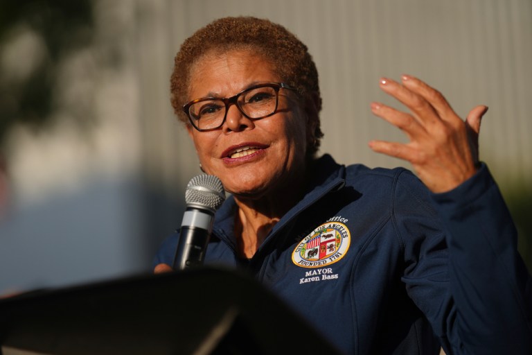 Mayor Karen Bass speaks at a vigil, June 10, 2025, in Los Angeles.