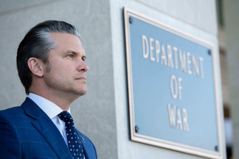 Pete Hegseth stands outside the Pentagon during a welcome ceremony for the Japanese defense minister at the Pentagon in Washington, Jan. 15, 2026.
