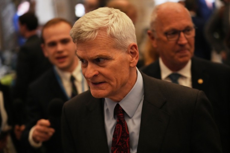 Sen. Bill Cassidy, R-La., is seen following President Donald Trump's State of the Union address to a joint session of Congress at the U.S. Capitol in Washington, Tuesday, Feb. 24, 2026. (AP Photo/Allison Robbert)