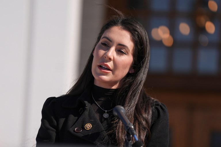 Rep. Anna Paulina Luna (R-FL) speaks outside the Chappaqua Performing Arts Center.